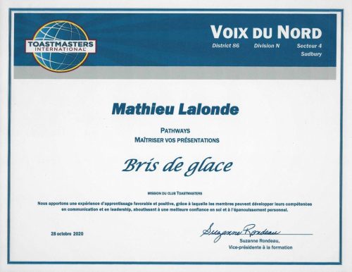Certificat Bris de glace Mathieu Lalonde